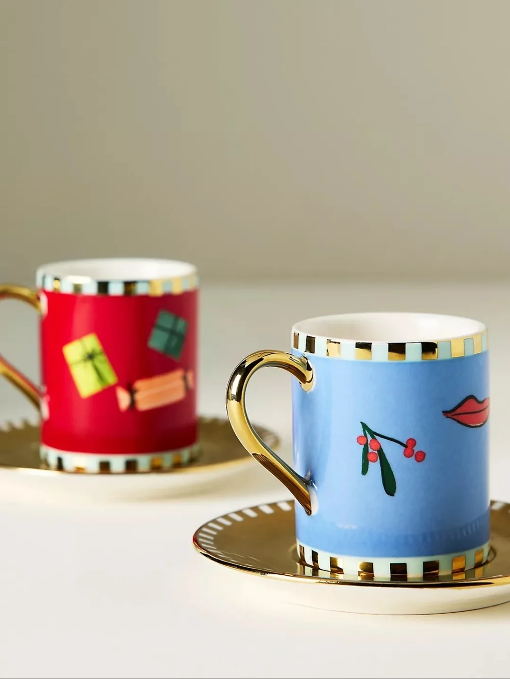 Anthropologie Caroline Stoneware Holiday Espresso Cup & Saucer in Blue, NIB